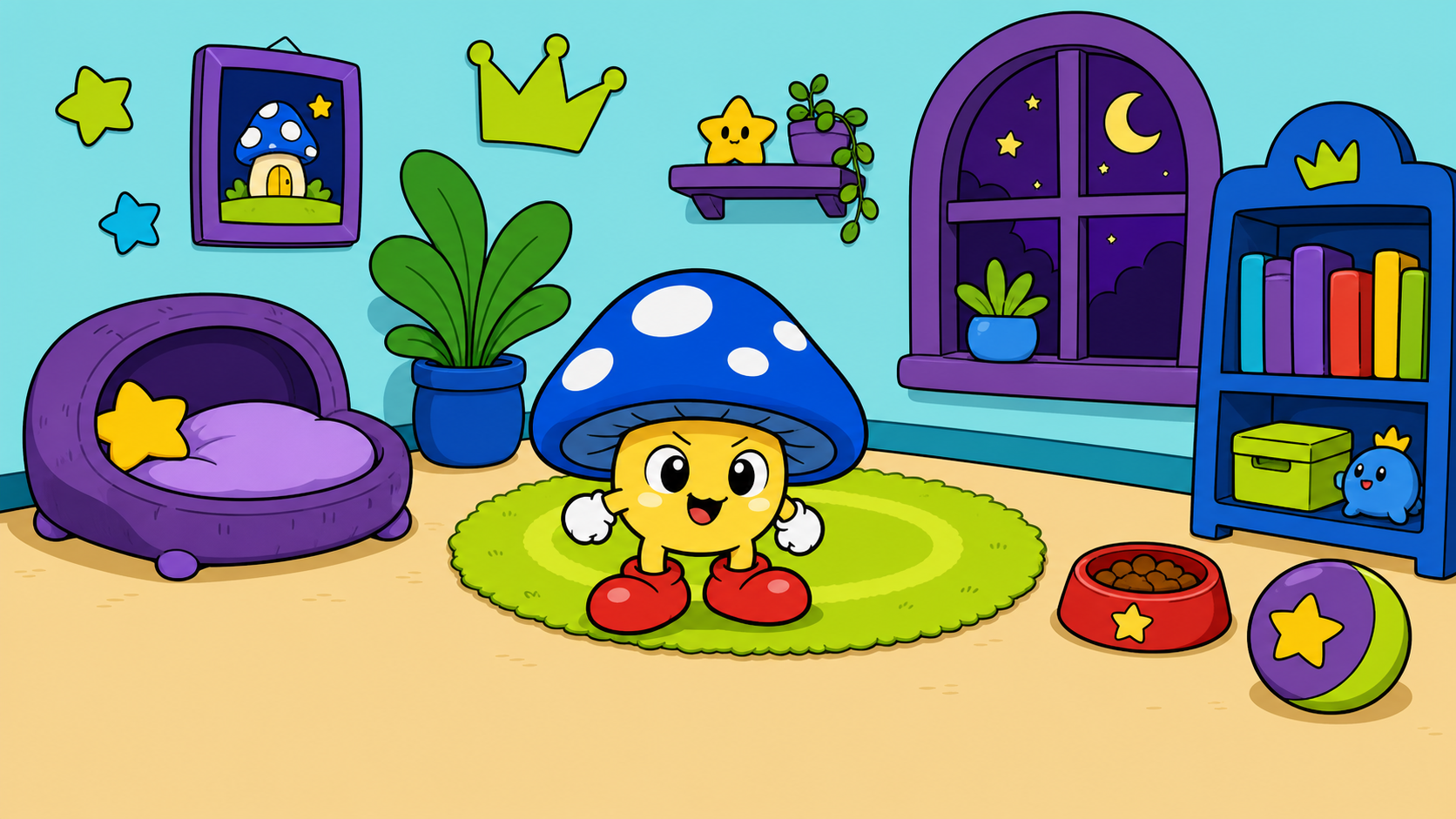 Mushboom, a cheerful mushroom Bumpfiend, inside a colorful bedroom